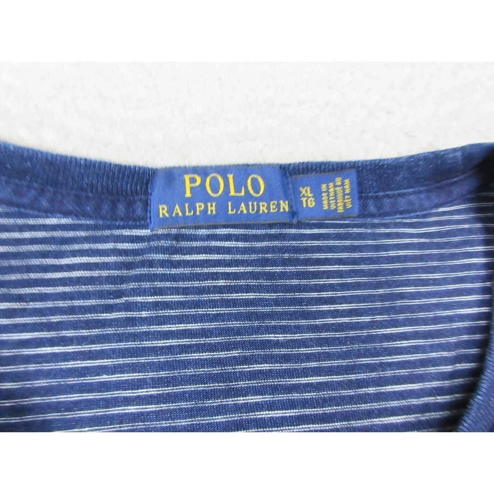 Polo Ralph Lauren Shirt Mens XL Blue Striped Pocket Logo Crew Neck Tee Cotton
